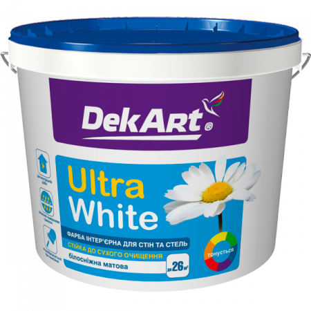 Краска интерьерная для стен и потолков белоснежная DekArt Ultra White 1.2кг